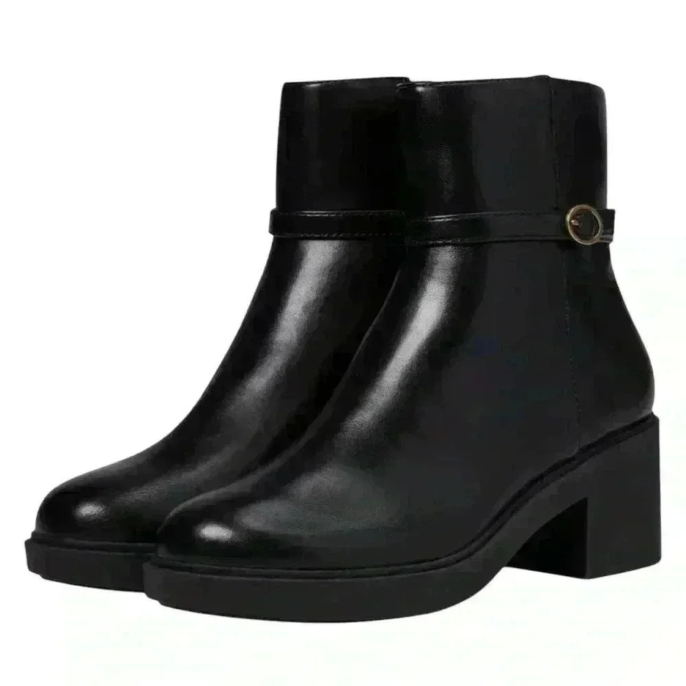 Anne Klein Fenix Black Leather Block Heel Ankle Boots Size 8.5